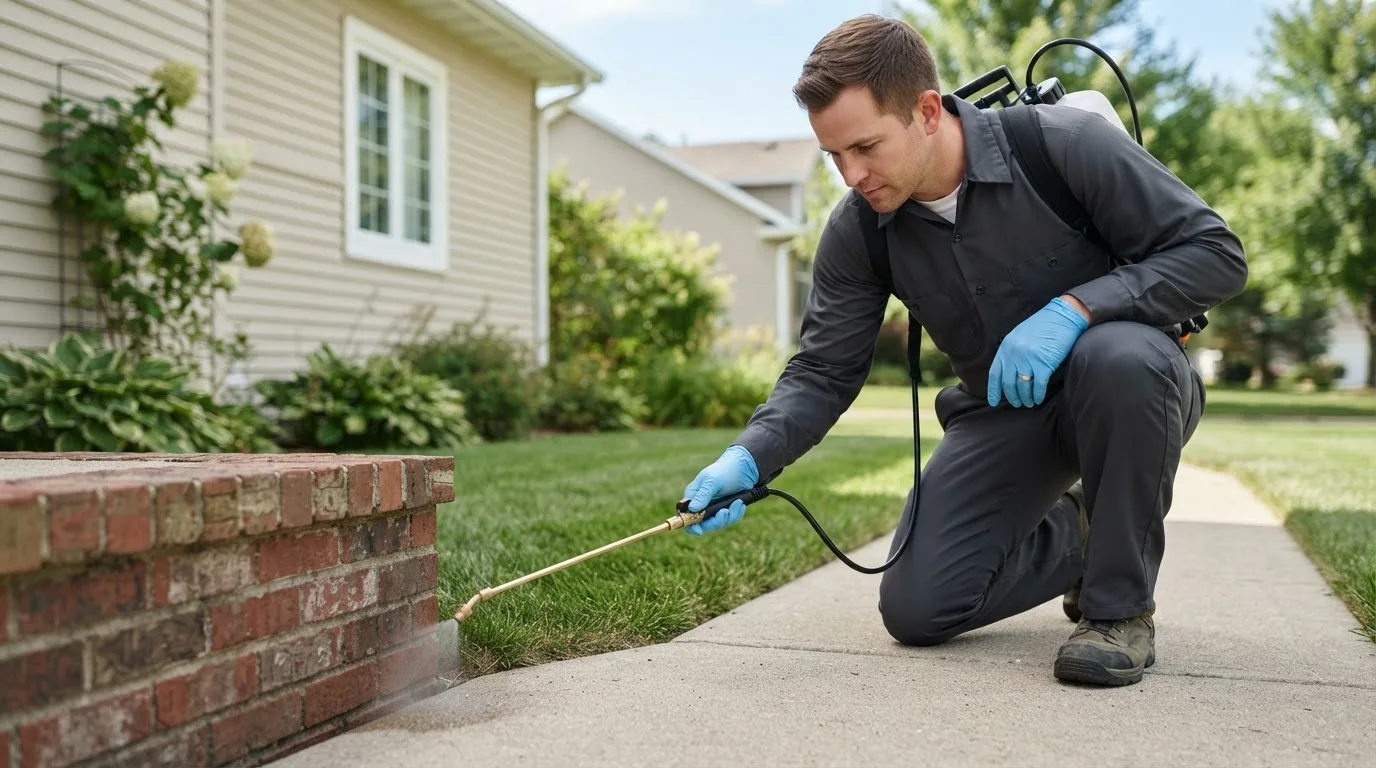 Pest control technician treating a home near La Grange, TX